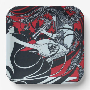 ART NOUVEAU FAUN Roter Burgunder,Schwarz Weiß Pappteller