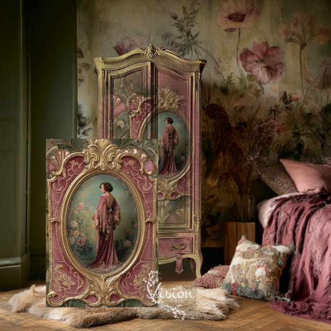 Art Nouveau Flapper Rose Gown Gold Portrait Seidenpapier (Art nouveau portrait design on pink gold French armoire dark floral bedroom wallpaper)