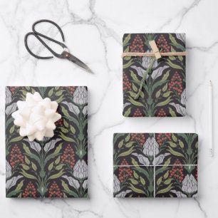 Art Nouveau Floral Black Green Gray Geschenkpapier Set