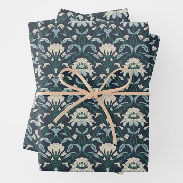 Art Nouveau Floral Blue Creme Green Geschenkpapier Set (Beispiel)