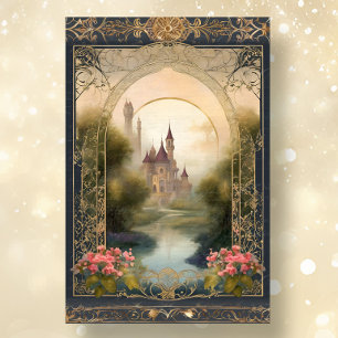 Art Nouveau Floral Castle Navy n Gold Ephemera 5B Seidenpapier
