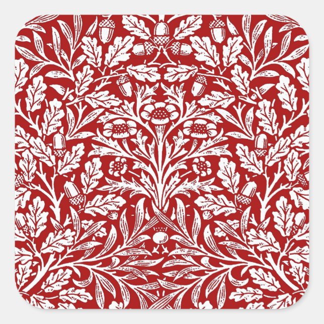 Art Nouveau Floral Damask, Deep Red and White Quadratischer Aufkleber (Vorderseite)
