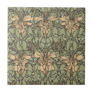 Art Nouveau Floral Damask Green, Beige Abstrakt Fliese