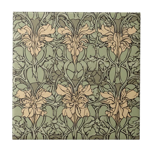 Art Nouveau Floral Damask Green, Beige Abstrakt Fliese (Vorderseite)
