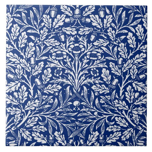 Art Nouveau Floral Damask, Kobalt Blau und Weiß  Fliese (Vorderseite)
