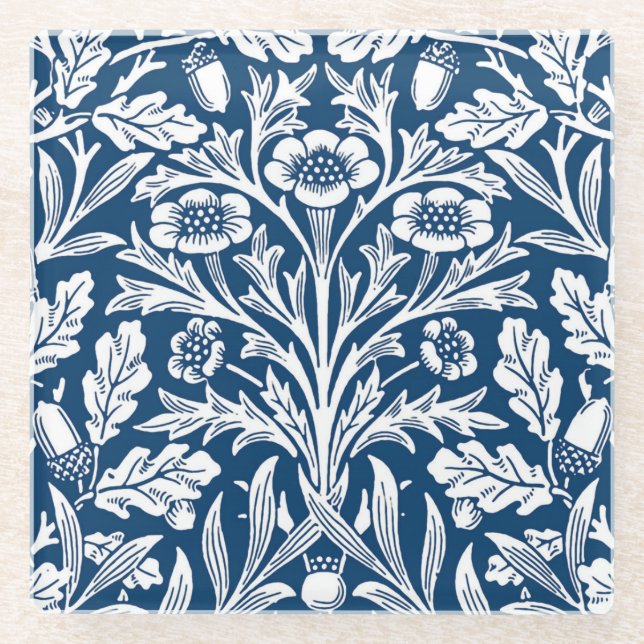 Art Nouveau Floral Damask, Kobalt Blau und Weiß Glasuntersetzer (Vorderseite)