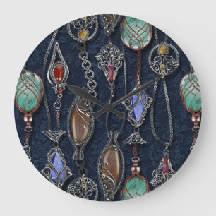 Art Nouveau Floral: Denim Elegance. Große Wanduhr