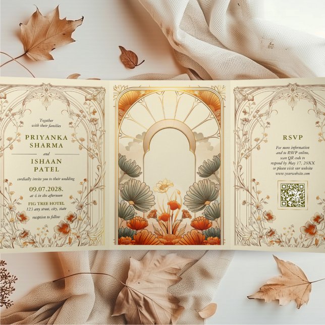 Art Nouveau Floral einzigartiger QR Code Alles in  Dreifach Gefaltete Einladung (Art Nouveau Tri Fold All in One QR code Wedding Invitation Art Deco Indian Wedding Hindu Vintage)