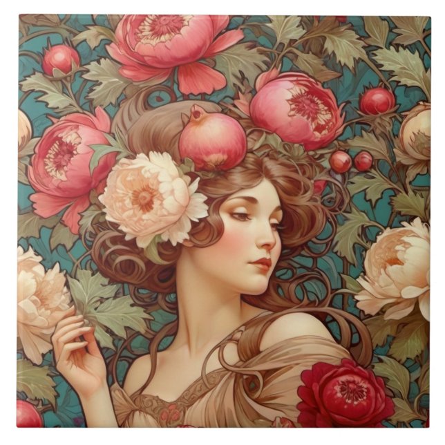 Art Nouveau Floral Frucht Keramik Tile Fliese (Vorderseite)
