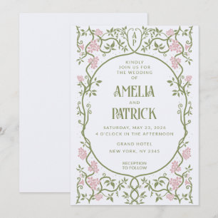 Art Nouveau Floral Green und Pink Wedding Einladung