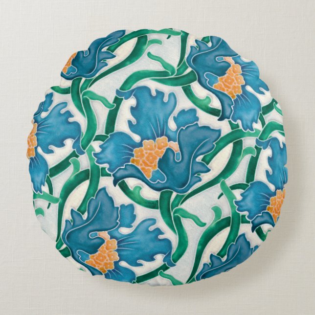 Art Nouveau Floral Majolica Muster Rundes Kissen (Vorderseite)
