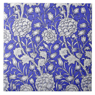 Art Nouveau Floral Pattern, Indigo und Weiß, Fliese