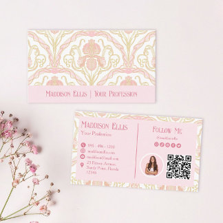 Art Nouveau Floral QR-Code und Foto in Rosé Visitenkarte