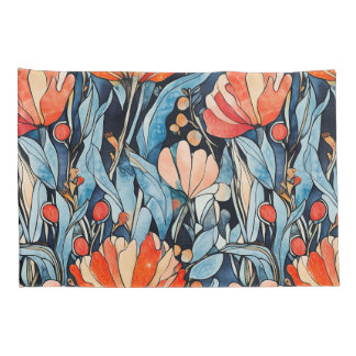 Art Nouveau Floral Red Blue Watercolor Kissenbezug