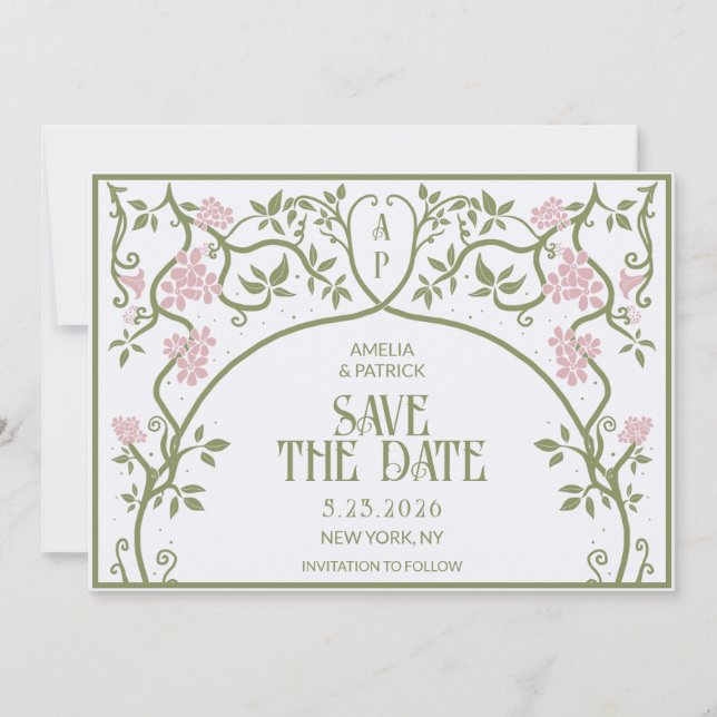 Art Nouveau Floral Wedding Green and Pink Save The Date (Vorderseite)