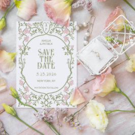 Art Nouveau Floral Wedding Green and Pink Save The Date