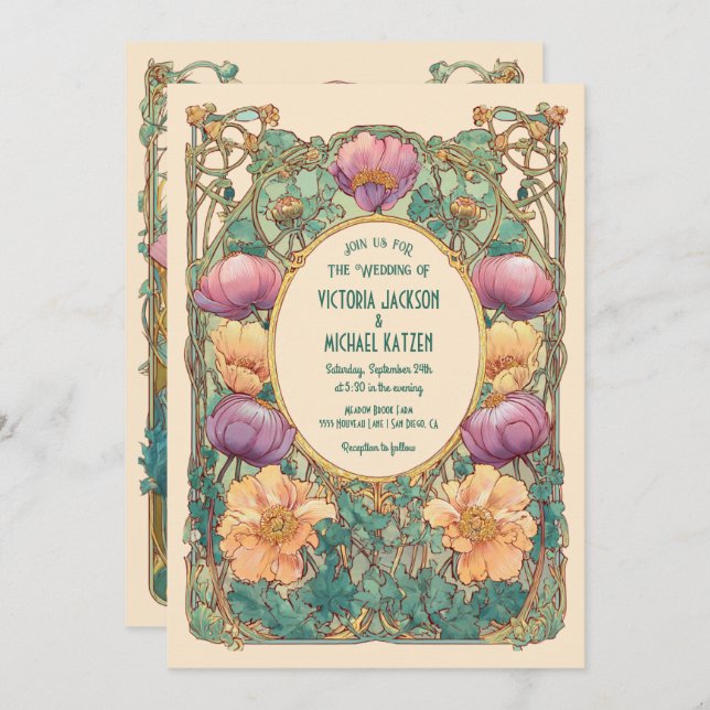 Art Nouveau Floral Wedding Invitation Einladung (Vorne/Hinten)