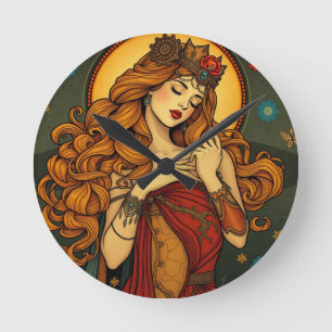 Art Nouveau Floral Woman Illustration Runde Wanduhr