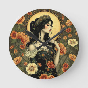 Art Nouveau Floral Woman Illustration Runde Wanduhr