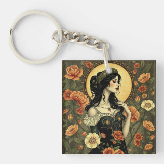 Art Nouveau Floral Woman Illustration Schlüsselanhänger