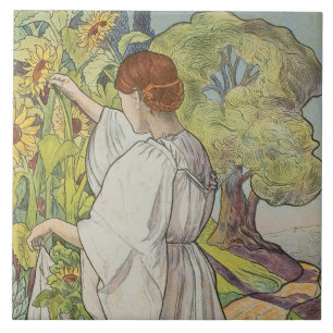 Art Nouveau Florale Frau Mucha Französische Grüne Fliese