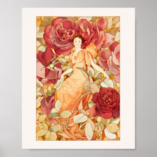 Art Nouveau Flower Fairy with Red & Orange Roses Poster