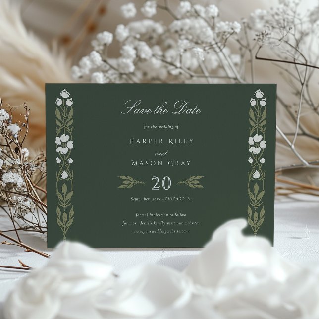 Art Nouveau Forest Green Save the Date Card Einladung (Von Creator hochgeladen)