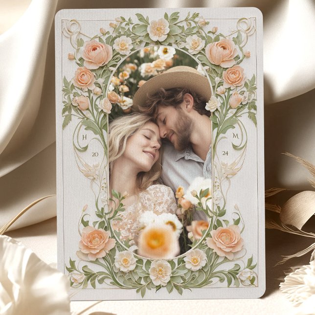 Art Nouveau Foto Wedding Peach Ranunculus Einladung (Von Creator hochgeladen)