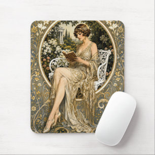 Art Nouveau Frau beim Lesen im Garten Mousepad