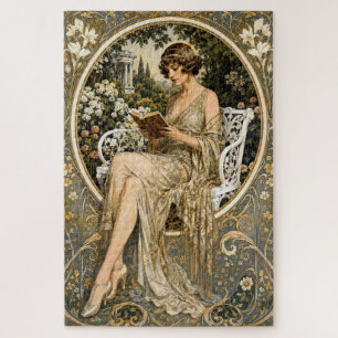 Art Nouveau Frau beim Lesen im Garten Puzzle