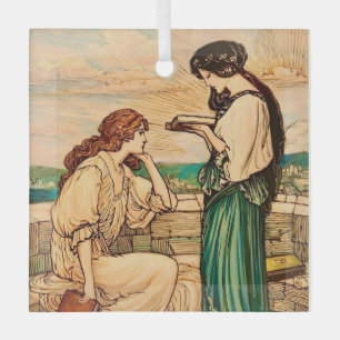 Art Nouveau Frauen beim Lesen am Meer im Vintage-S Ornament Aus Glas