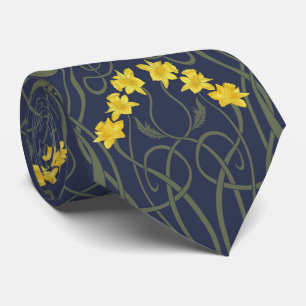 Art Nouveau Gelbe Narzissen und Stiele Blau Krawatte