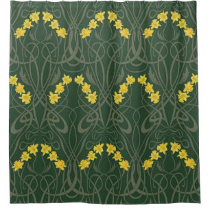 Art Nouveau Gelbe Narzissen und Stiele Grün Duschvorhang