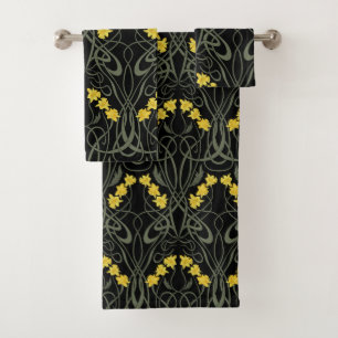 Art Nouveau Gelbe Narzissen und Stiele Schwarz Badhandtuch Set