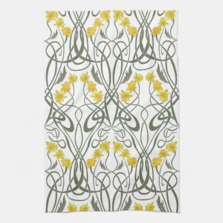 Art Nouveau Gelbe Narzissen und Stiele Weiß Geschirrtuch