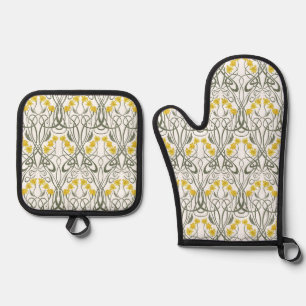 Art Nouveau Gelbe Narzissen und Stiele Weiß Ofenhandschuh & Topflappen-Set