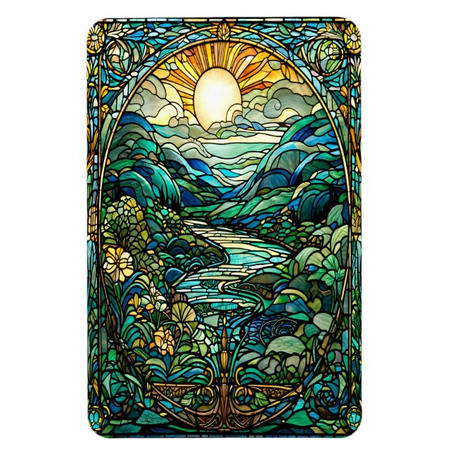 Art Nouveau gestresstes Glas Sonnenaufgang Landsch Magnet (Vertikal)