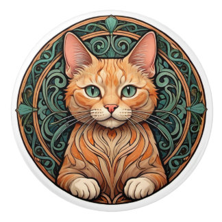 Art Nouveau Ginger Cat Keramikknauf