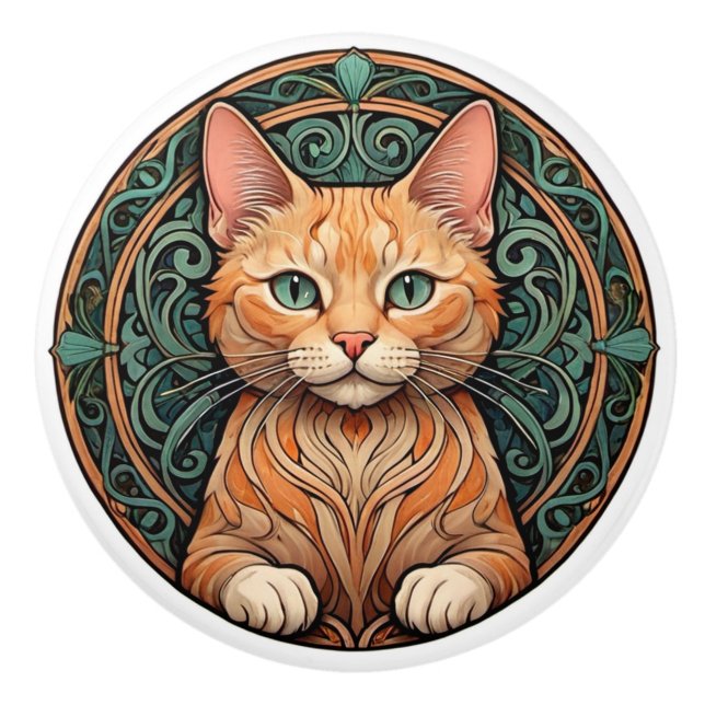 Art Nouveau Ginger Cat Keramikknauf (Vorderseite)