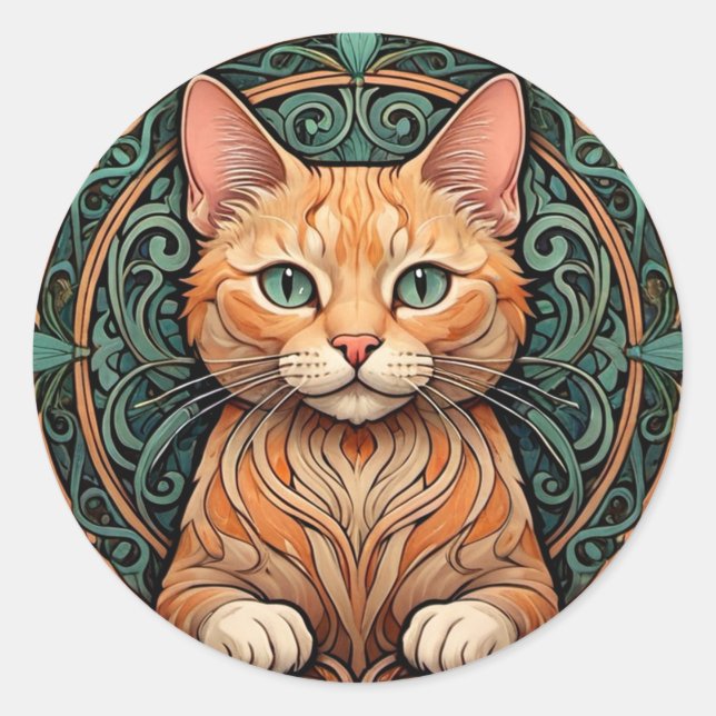 Art Nouveau Ginger Cat Runder Aufkleber (Vorderseite)
