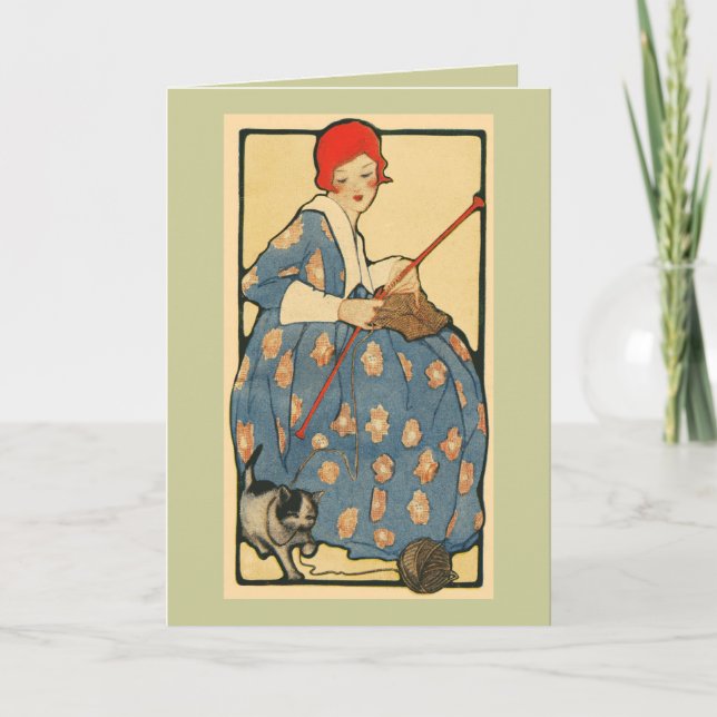 Art Nouveau - Girl strickt mit ihrer Katze Karte (Vorderseite)