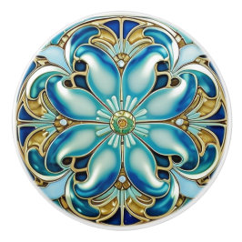 Art Nouveau Gold Aqua Blue Geometric Keramikknauf