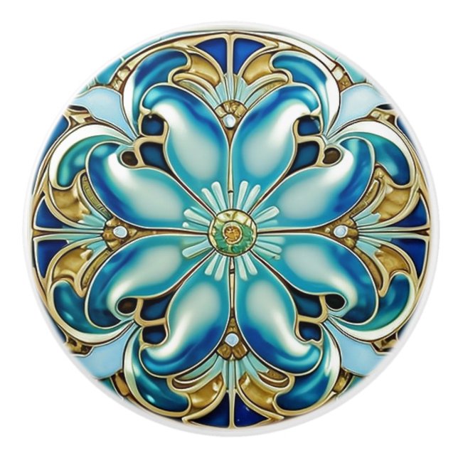 Art Nouveau Gold Aqua Blue Geometric Keramikknauf (Vorderseite)