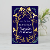 Art Nouveau Gold Blue Botanic Save the Date