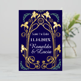 Art Nouveau Gold Blue Botanic Save the Date Folieneinladung