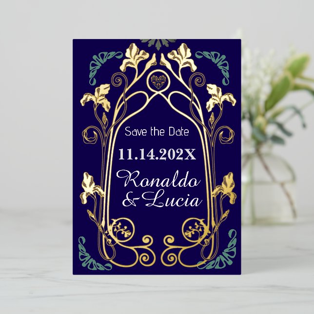 Art Nouveau Gold Blue Botanic Save the Date Folieneinladung (Stehend vorne)