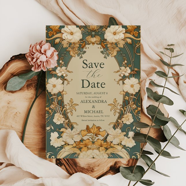 Art Nouveau Gold Botanische Botanische Hochzeit Save The Date (Von Creator hochgeladen)