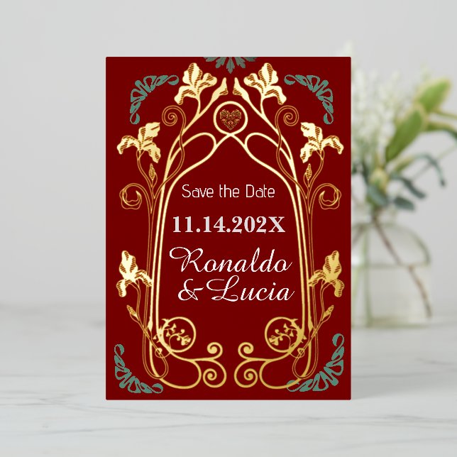 Art Nouveau Gold Green Botanic Save the Date Folieneinladung (Stehend vorne)