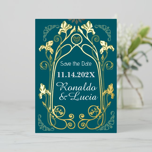 Art Nouveau Gold Green Botanic Save the Date Folieneinladung (Stehend vorne)