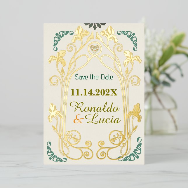 Art Nouveau Gold Green Botanic Save the Date Folieneinladung (Stehend vorne)